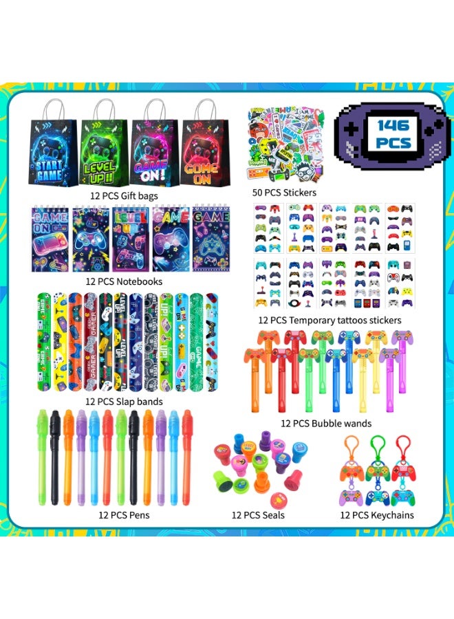 FRUITFUL PARTY Video Game Party Favors for 12 Guests, 146pcs Gaming Party Favor Set with Gift Bags Stickers Tattoos Slap Bracelets Bubble Wands Pens Seals Keychains – Game On Birthday Party Decoration Supplies - Image 3